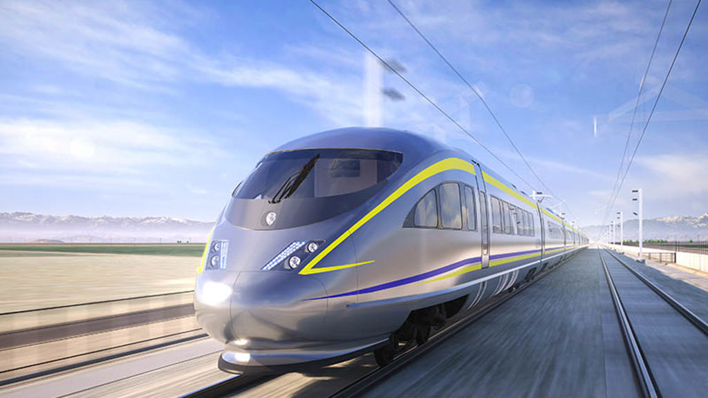 Front view of high-speed rail train traveling through Central Valley of California