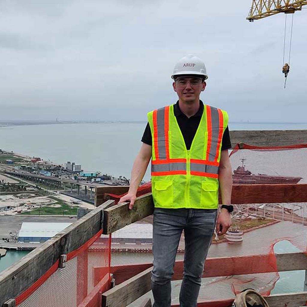 Cian Long wearing PPE while on a site visit to the New Harbor Bridge in Texas.