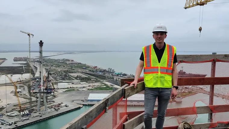 Cian Long wearing PPE while on a site visit to the New Harbor Bridge in Texas.