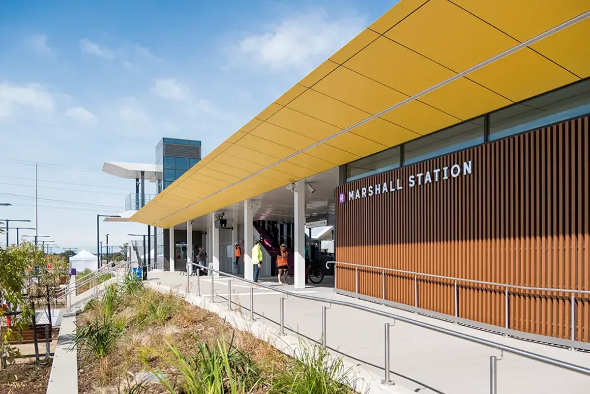 Marshall Station with new walkways, roof, signage and gardens