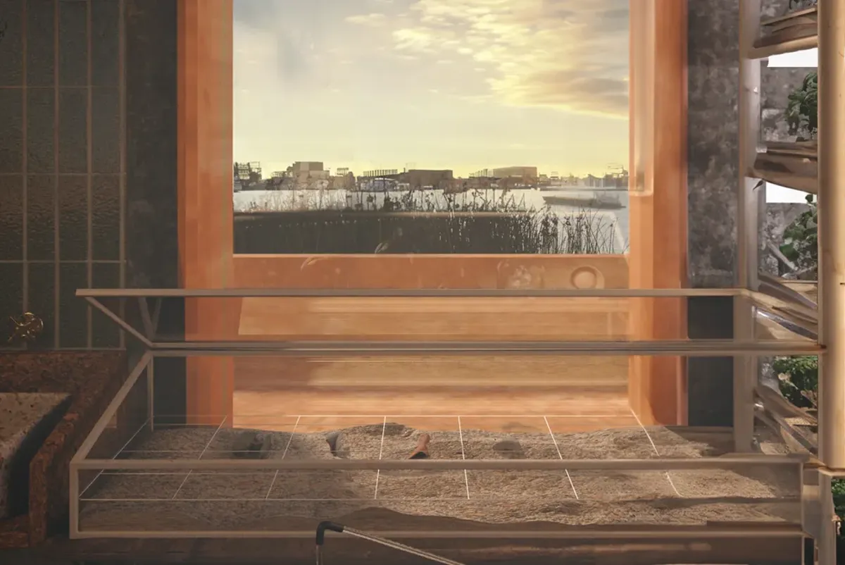 A glass box in front of a window