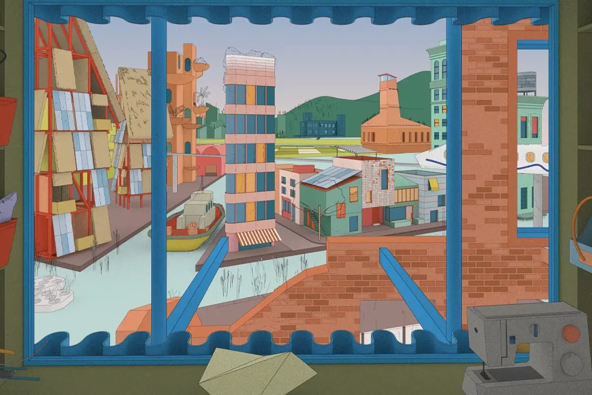 An illustration of a city through a window