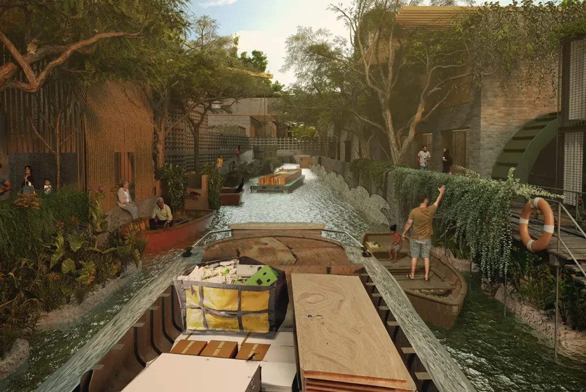 A small boat carrying building materials on a river